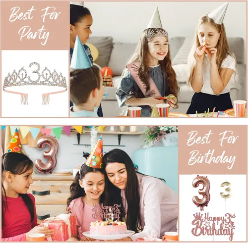 Vista 2 de Decoraciones de cumpleaños de 3 para ella – 5 regalos que incluyen corona de tercera tiara, banda, decoración de pasteles, globos, velas