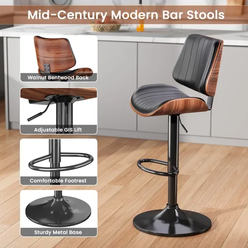 Vista 5 de Juego de 1 taburetes de bar giratorios de madera curvada ajustables para encimera de cocina, moderna silla de bar tapizada de piel sintética