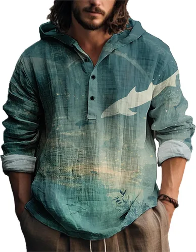 Vista 15 de MARSVOVO Camisa con capucha para hombre, vintage, retro, de 3 botones, manga larga, ligera, ligera, a la moda, casual, para uso diario, primavera