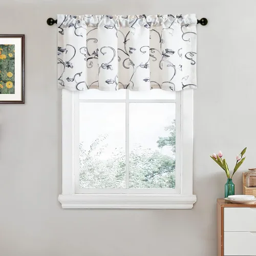 Vista 45 de VOGOL Cortinas de Nivel para Cocina para Ventana, Flores Azules y Enredaderas Bordadas Cortina de 24 Pulgadas de Largo, Cortinas Cortas Tratamiento