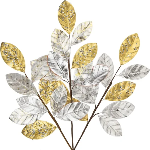 Vista 15 de Hollyone 60 cm de púas y aerosoles de árbol de Navidad 3 piezas tallos artificiales de magnolia color champán hojas de magnolia ramas de hoja de oro