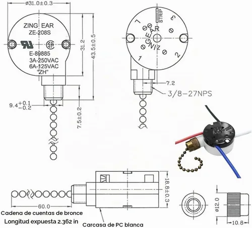 Vista 3 de Interruptor para ventilador de techo Zing Ear ZE-208s E89885 de 3 velocidades con 4 cables, cadena de control con 4 cables preinstalados, parte