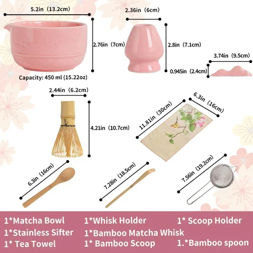 Vista 2 de Juego de matcha, 8 piezas de cerámica Matcha Bowl & Whisk Kit con patrón de setas, chawan japonés tradicional, persecución de bambú, cuchara