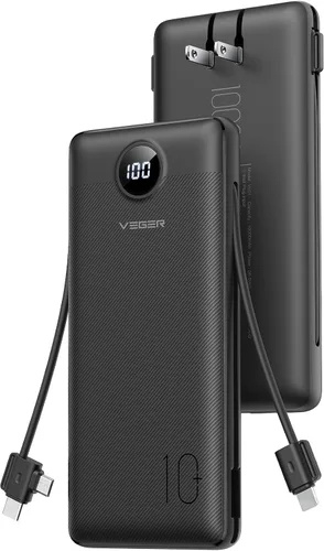 Vista 10 de VEGER Cargador portátil con enchufe de pared AC, cargador portátil delgado de 10000 mAh con cables incorporados, banco de energía USB C de 15W