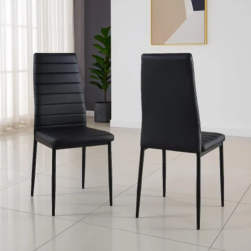Vista 2 de Juego de sillas de comedor de 6 piezas, cuero sintético negro moderno, respaldo alto tapizado, marco de acero, cocina cómoda, muebles de comedor