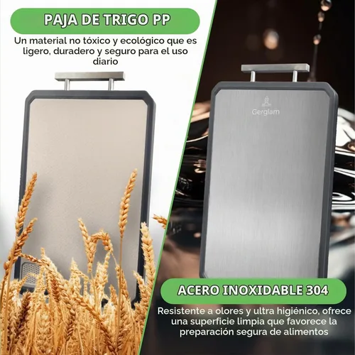 Vista 3 de Tabla de cortar de acero inoxidable, paja de trigo de doble cara y tabla de cortar de acero con guantes resistentes a cortes, tabla de cortar