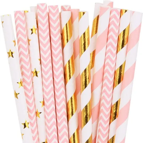 Vista 27 de 100 pajitas de papel mixtas para fiestas, color negro, rosa claro, azul, rojo, dorado, con lunares, burbujas, para cumpleaños, baby shower, boda