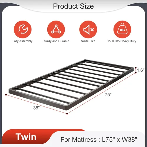 Vista 2 de Yicensen - Base de cama de perfil bajo con somier metálico de 1,6 pulgadas, resistente para cama individual, base de colchón robusta, fácil montaje