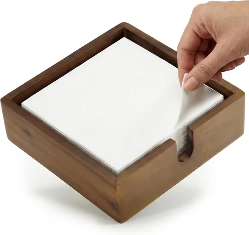 Vista 11 de DEMIGO Servilletero de madera de acacia para cóctel, 5.4 pulgadas, bandeja cuadrada para servilletas