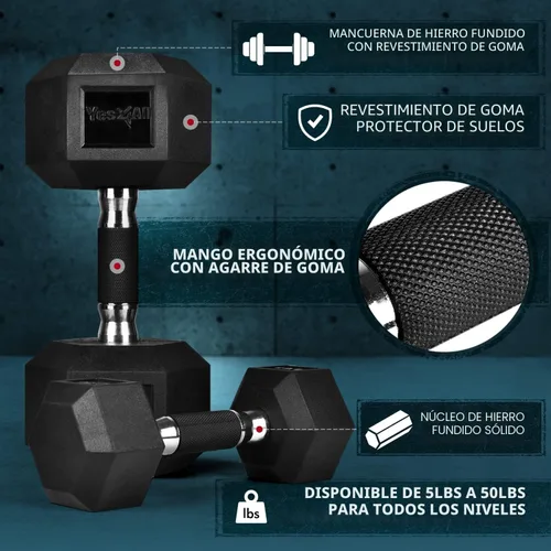 Vista 2 de Yes4All Mancuerna Hexagonal con Revestimiento de Agarre de Goma – Pesas de Mano con Antideslizante 5-50 LBS Individual