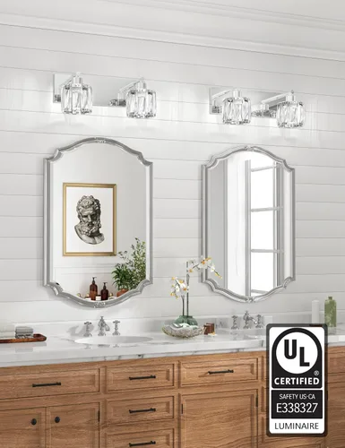 Vista 5 de VOLISUN Luces de Tocador de Cristal - 2 Luces Modernas de Acero Inoxidable para Baño Sobre Espejo, Acabado Cromado - Certificado UL
