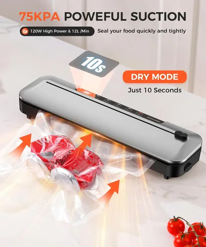 Vista 3 de Máquina selladora al vacío de 75 KPa para alimentos con modos seco/húmedo 6 en 1 y temporizador digital, diseño compacto y ligero, cortador