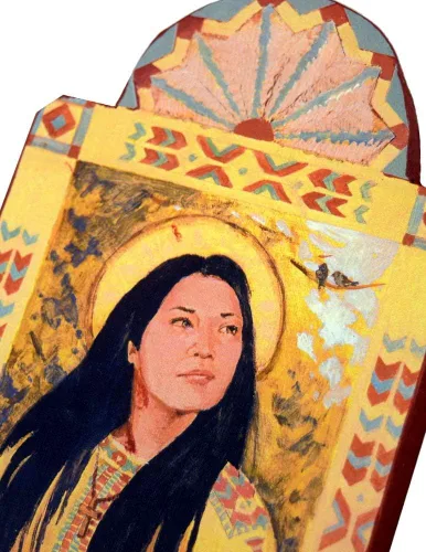 Vista 3 de Modern Artisans Saint Kateri Tekakwitha - Placa de retablo hecha a mano, patrón de la ecología y el medio ambiente, 3.3 x 6.5 pulgadas