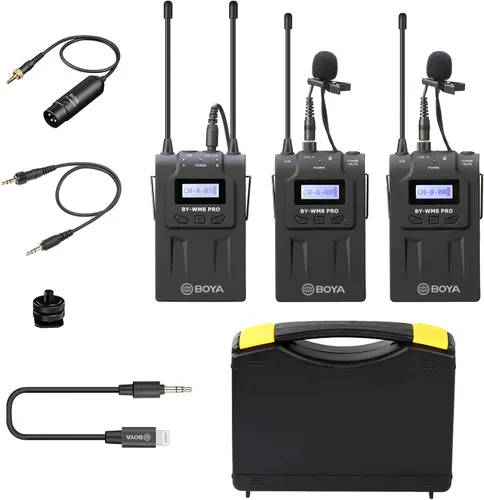 Vista 9 de BOYA Micrófono Lavalier inalámbrico dual Smartphone, sistema de doble canal 2 transmisor y 1 receptor para grabadora de cámara réflex digital iPhone