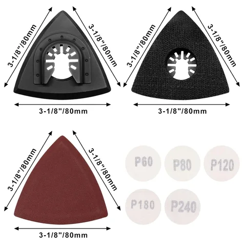 Vista 2 de 2 almohadillas de lijado oscilantes de 3-1/8 pulgadas y 50 almohadillas de lijado triangulares de 3.150 in surtidas 60/80/120/180/240, kits