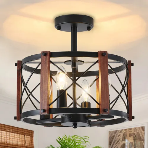 Vista 10 de Lámpara de techo moderna de granja de madera semiempotrada, accesorios de iluminación de pasillo y entrada, lámpara de techo industrial rústica de 3