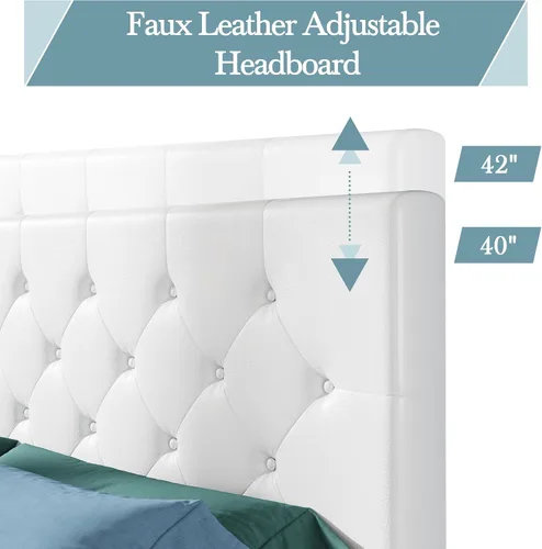Vista 4 de HOOMIC Base de cama de almacenamiento de plataforma de tamaño matrimonial con 4 cajones y cabecera ajustable, listones de madera, no necesita Blanco