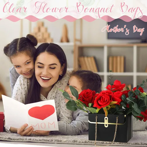 Vista 5 de Lincia 12 cajas de flores negras para boda, bolsa de regalo de flores negras, cajas de ramo con asas para arreglos, papel de regalo de ramo