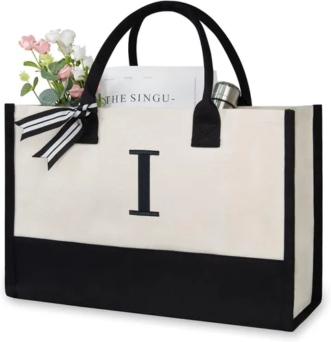 Vista 432 de TOPDesign Personalized Initial Canvas Beach Bag, Monogrammed Gift Tote Bag for Women