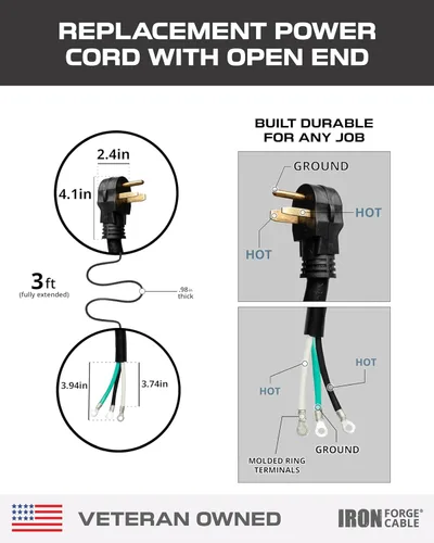 Vista 6 de Iron Forge Cable Soldador y cargador EV, 3 pies - NEMA 6-50, 50 amperios Cable 6/3, extremo abierto (sin enchufe), 50 amperios - para soldadores