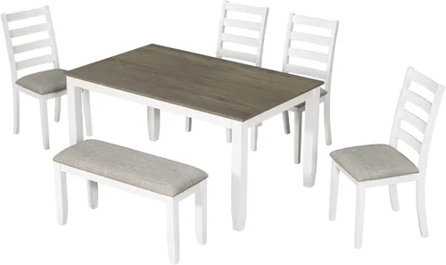 Vista 7 de Merax Juego de 6 piezas de comedor de 60 pulgadas para el hogar, cocina, comedor, juego de mesa rectangular con 4 sillas tapizadas y un banco, juego