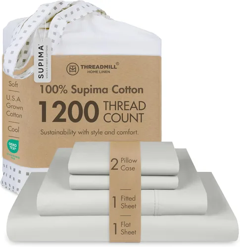 Vista 11 de Threadmill Sábanas de lujo de algodón Supima, sábanas de 100% algodón suaves de 1200 hilos de lujo para cama tamaño matrimonial, juego de 4 sábanas