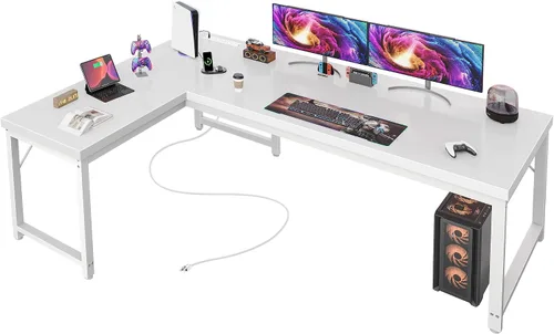 Vista 16 de Huuger Escritorio en forma de L de 55 pulgadas con tomas de corriente y puerto USB-C, escritorio de computadora reversible, escritorio de esquina