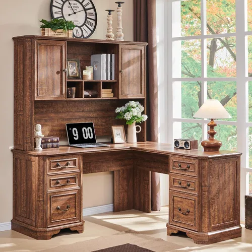 Vista 9 de T4TREAM - Escritorio ejecutivo en forma de L de 59 pulgadas con cajones, escritorio de computadora de madera estilo granja, con estación de carga
