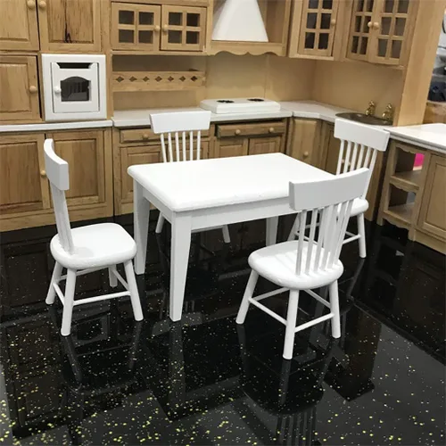 Vista 5 de Accesorios de decoración de casa de muñecas, 1:12 muebles en miniatura de madera blanca mesa de comedor silla modelo conjunto
