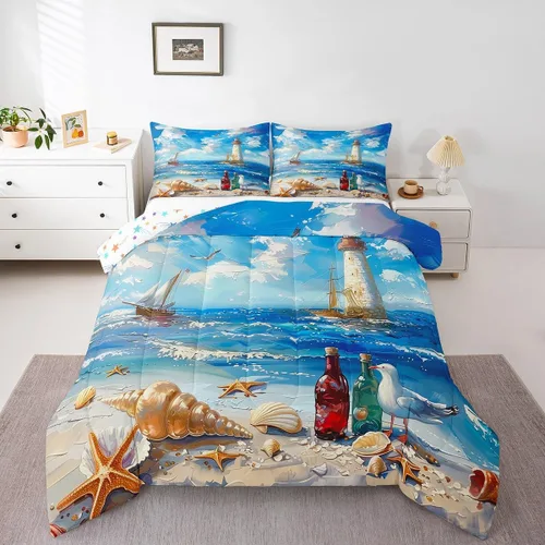 Vista 16 de Castle Fairy Juego de edredón de verano para niños, tamaño individual, diseño náutico reversible con diseño náutico de estrellas de mar, barco y Azul