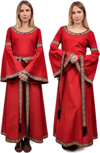 Vista 4 de KUOIN Women's Renaissance Embroidered Dress, Long Sleeve Lace-up Viking Queen Cosplay Costume with Belt for Wedding Prom