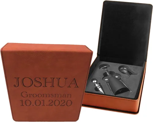 Vista 13 de Juego de herramientas de vino personalizado de cuero sintético de 3 piezas (negro con oro)