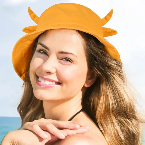 Vista 9 de Sombrero de pescador con estampado de vaca con orejas de cuerno lindas con estampado de vaca, sombrero de sol de playa de verano, sombrero