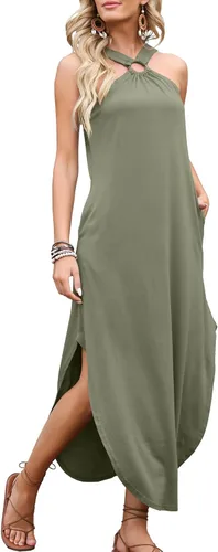 Vista 4 de ANRABESS Vestido largo de verano para mujer, casual, cruzado, sin mangas, con abertura, con bolsillos
