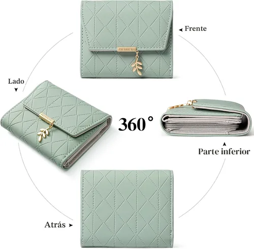 Vista 7 de RNIEGA Cartera pequeña de cuero para mujer, con bloqueo RFID, tarjetero compacto con cremallera y bolsillo para monedas con ventana de identificación