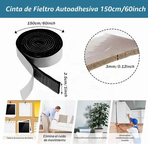 Vista 2 de Shappy Paquete de 2 tiras de fieltro con parte trasera adhesiva, rollo de cinta de fieltro, antideslizantes, autoadhesivas, cortables para muebles