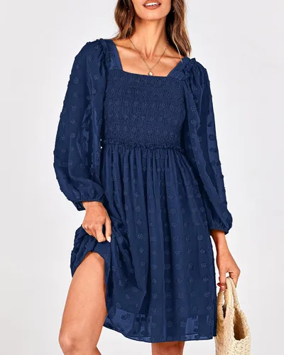 Vista 3 de BTFBM Vestidos fruncidos con cuello cuadrado para mujer, verano, otoño, manga larga, floral, lunares suizos, volantes, mini vestido bohemio