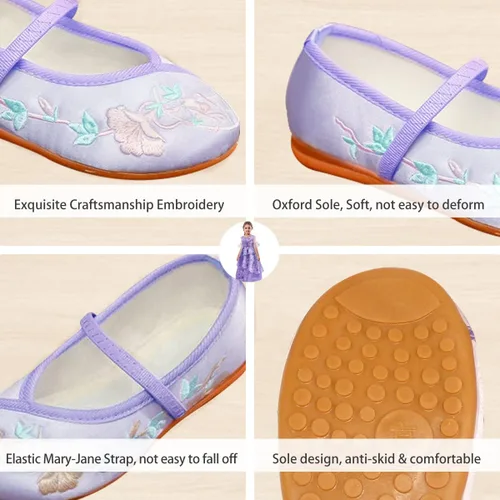 Vista 2 de Encanto Costume Shoes for Girls Gorgeous Mary-Jane Ballet Pumps Comfortable Low Heel Round Toe Flats Floral Embroidery Shoes