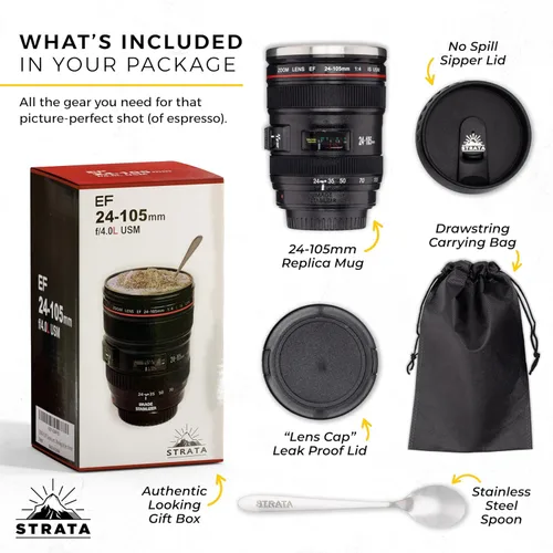 Vista 2 de Taza, diseño de lente de cámara -13.5oz, ¡Súper paquete! (2 tapas de tapas + cuchara), taza portátil para café, de acero inoxidable, sello retráctil