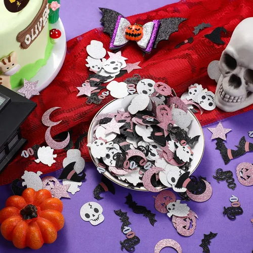 Vista 3 de Aoriher 300 piezas de confeti de Halloween para fiesta de Halloween, confeti disperso, brillantina, boo, murciélago, calabaza, fantasma, para baby