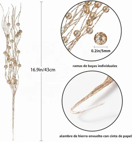 Vista 7 de Losris Decoración de tallos de bayas artificiales con purpurina para Navidad, palitos decorativos de cuentas, picks de Navidad, ramitas y ramas