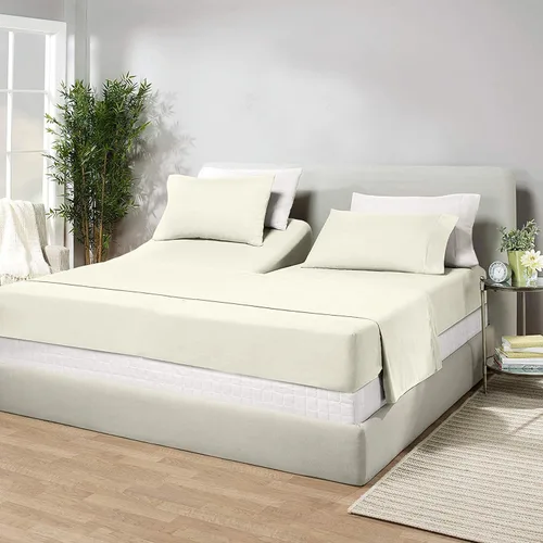 Vista 13 de Juego de sábanas de algodón de 600 hilos tamaño Queen dividido para base de cama ajustable, juego de sábanas de 4 piezas con bolsillo profundo