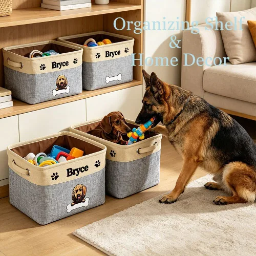 Vista 4 de Cesta de almacenamiento plegable personalizada con lindo borde de perro, plegable y resistente de tela resistente para juguetes de mascotas, cubo