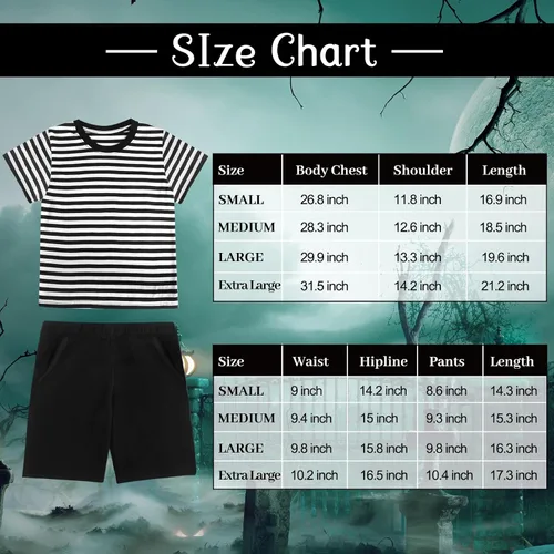 Vista 3 de FONYFA Disfraz de Addams de Halloween, camisetas de manga corta a rayas, pantalones cortos y calcetines de tubo alto para fiesta temática