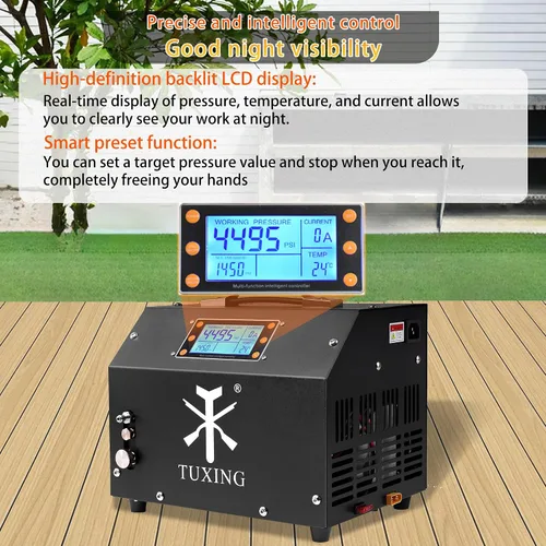 Vista 3 de TUXING Compresor de Aire PCP, Versión con Pantalla LCD, Parada Automática 4500Psi/30Mpa, Sin Aceite/Agua, Bomba con Transformador/Sistema de Drenaje