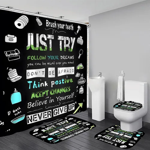 Vista 8 de Juego de cortinas de ducha familiares AZHM Negro para baño con cortina de ducha y alfombras y accesorios Decoración de baño con cortina y 12 ganchos