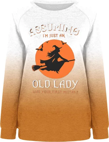 Vista 4 de Tuianres Halloween Shirts for Women Long Sleeve Halloween 2023 Gradient Witch T-Shirt Round Neck Pullover Loose Tee Tops