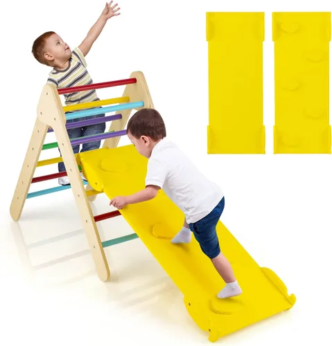 Vista 11 de HONEY JOY Escaladora triangular con rampa, escalera triangular para niños para guardería, gimnasio y parque infantil, juguetes de escalada Colorido