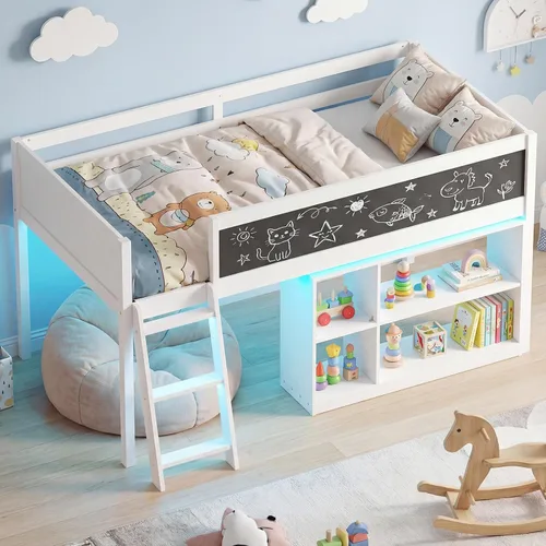 Vista 11 de KOMFOTT Cama baja de tamaño individual con luces LED, marco de cama loft de madera para niños con escalera, barandilla de seguridad de longitud Gris