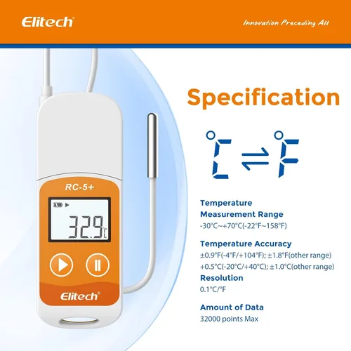 Vista 5 de Elitech RC-5+ TE Digital PDF Registrador de datos de temperatura USB Grabador reutilizable Termómetro refrigerador 32000 puntos de alta precisión